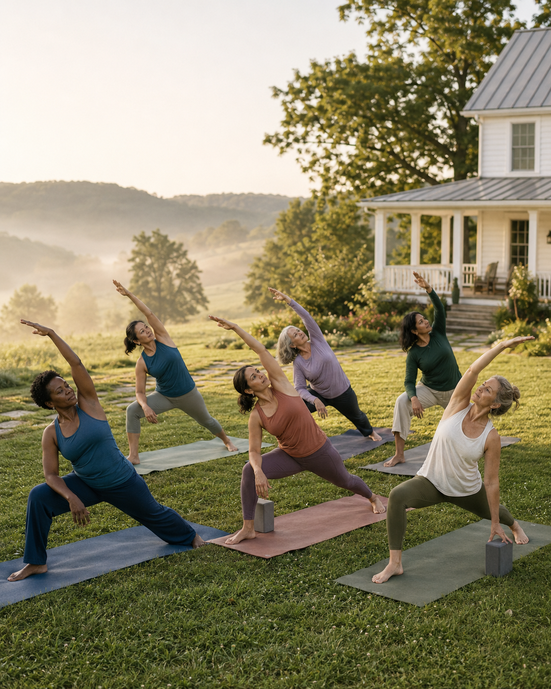 Women practicing outdoor yoga on the lawn of a farmhouse at sunrise