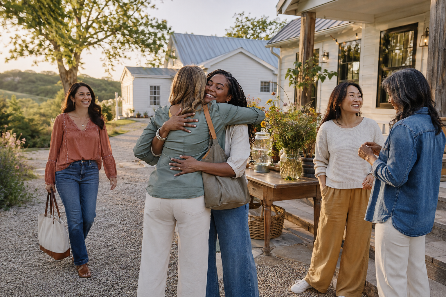 Women greeting each other with hugs outside farm cottages at golden hour
