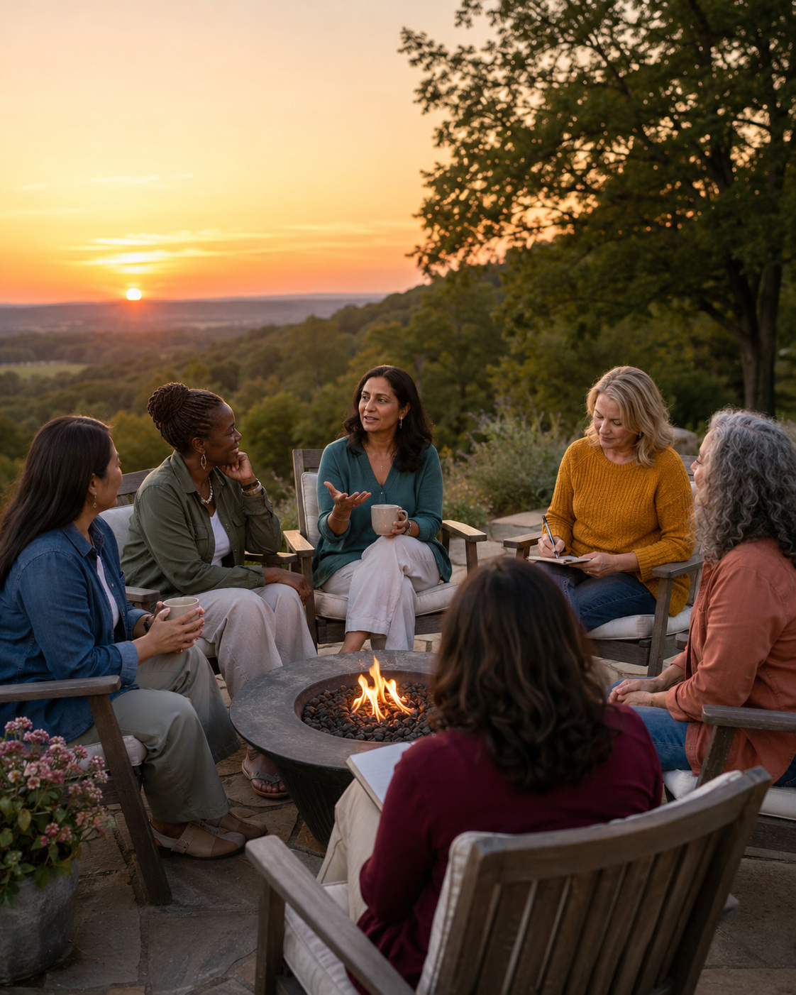 Women in conversation around a firepit overlooking rolling hills at sunset