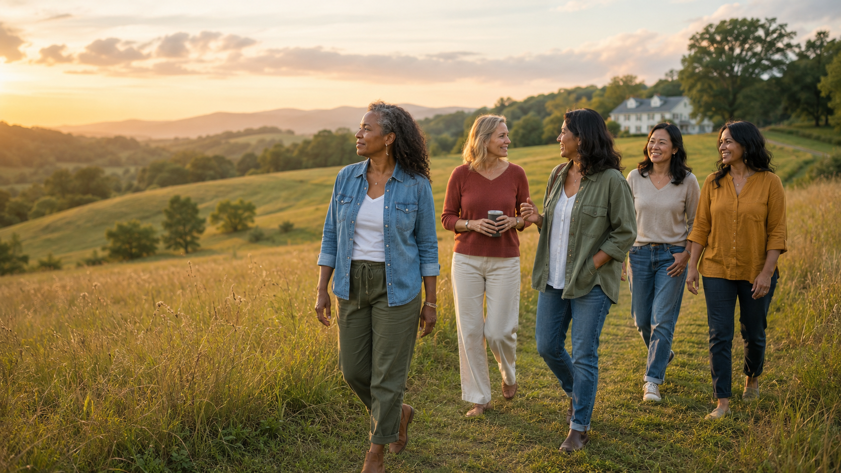 Women walking together through a golden field at sunset